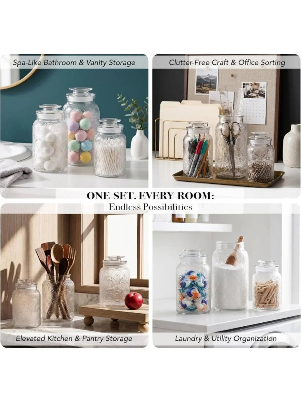 3-Piece Glass Canister Set with Retro Lids for Cookies, Candy, Flour & More